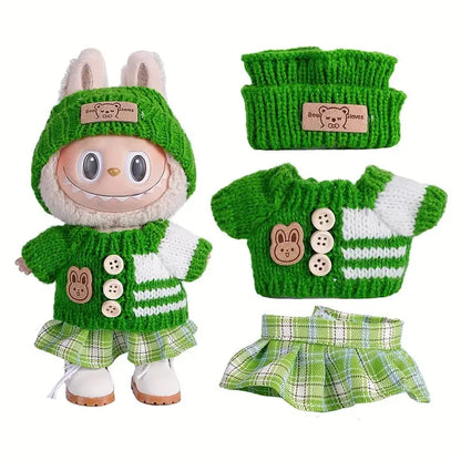 Para acessórios de boneca Labubu de 15-17 cm, roupas, chapéu de urso, conjunto de suéter de amor, decoração fofa, roupinhas de brinquedo colecionáveis