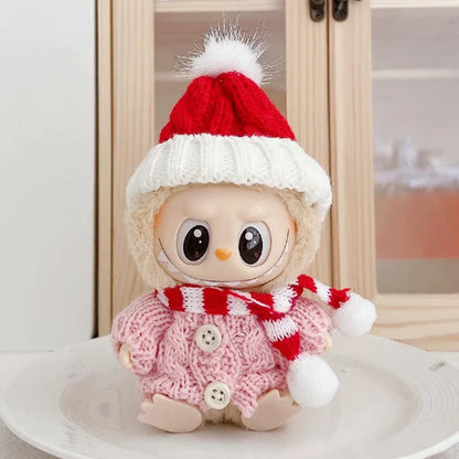 Para Labubu Clothes 17cm Boneca Natal Suéter Chapéu Conjunto V1 V2 V3 Boneca de Pelúcia Macaron Inverno Roupas de Ano Novo DIY Presente de Natal