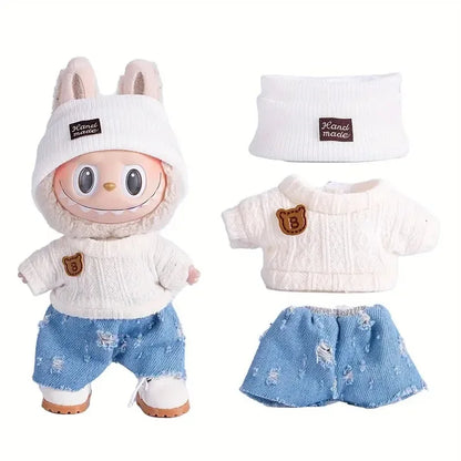 Para acessórios de boneca Labubu de 15-17 cm, roupas, chapéu de urso, conjunto de suéter de amor, decoração fofa, roupinhas de brinquedo colecionáveis