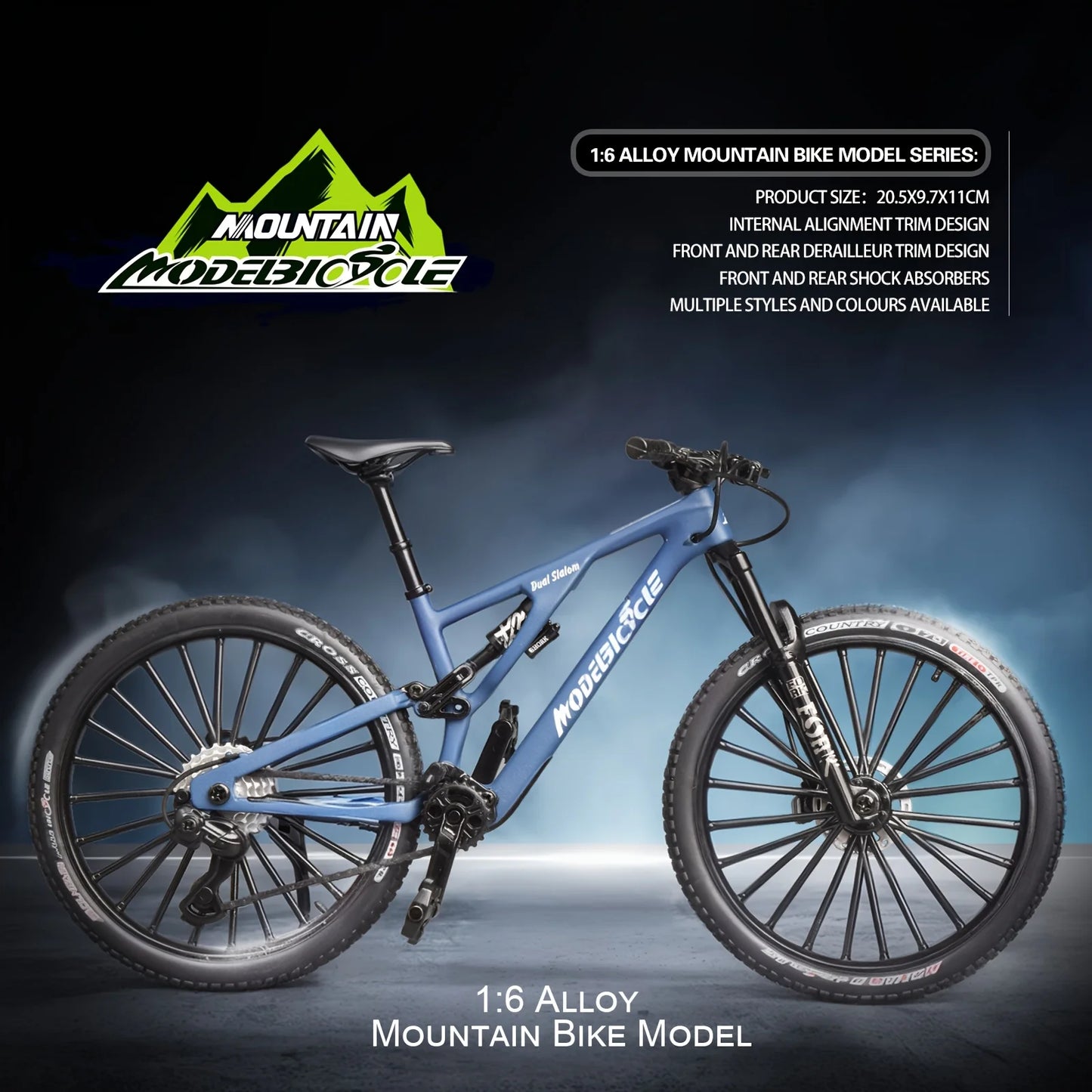 Bicicleta de montanha em liga metálica em escala 1:6, brinquedo realista com amortecedores dianteiros e traseiros para entusiastas de bicicletas