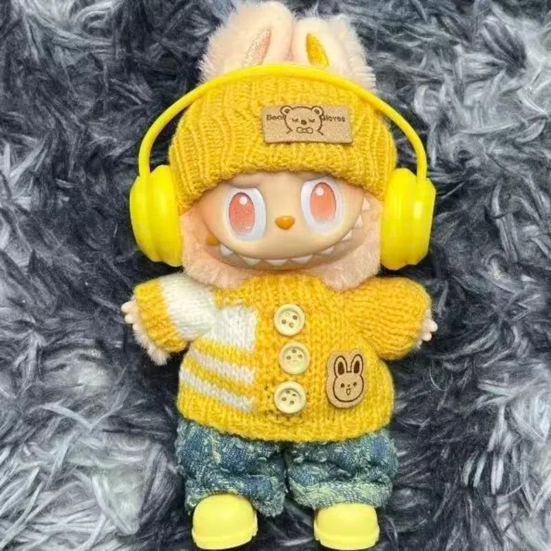 Para acessórios de boneca Labubu de 15-17 cm, roupas, chapéu de urso, conjunto de suéter de amor, decoração fofa, roupinhas de brinquedo colecionáveis