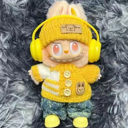 Para acessórios de boneca Labubu de 15-17 cm, roupas, chapéu de urso, conjunto de suéter de amor, decoração fofa, roupinhas de brinquedo colecionáveis