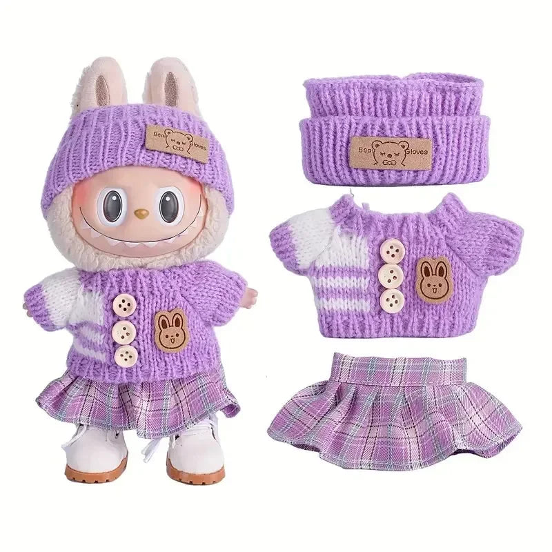 Para acessórios de boneca Labubu de 15-17 cm, roupas, chapéu de urso, conjunto de suéter de amor, decoração fofa, roupinhas de brinquedo colecionáveis