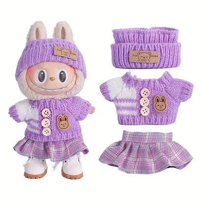 Para acessórios de boneca Labubu de 15-17 cm, roupas, chapéu de urso, conjunto de suéter de amor, decoração fofa, roupinhas de brinquedo colecionáveis