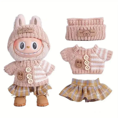 Para acessórios de boneca Labubu de 15-17 cm, roupas, chapéu de urso, conjunto de suéter de amor, decoração fofa, roupinhas de brinquedo colecionáveis