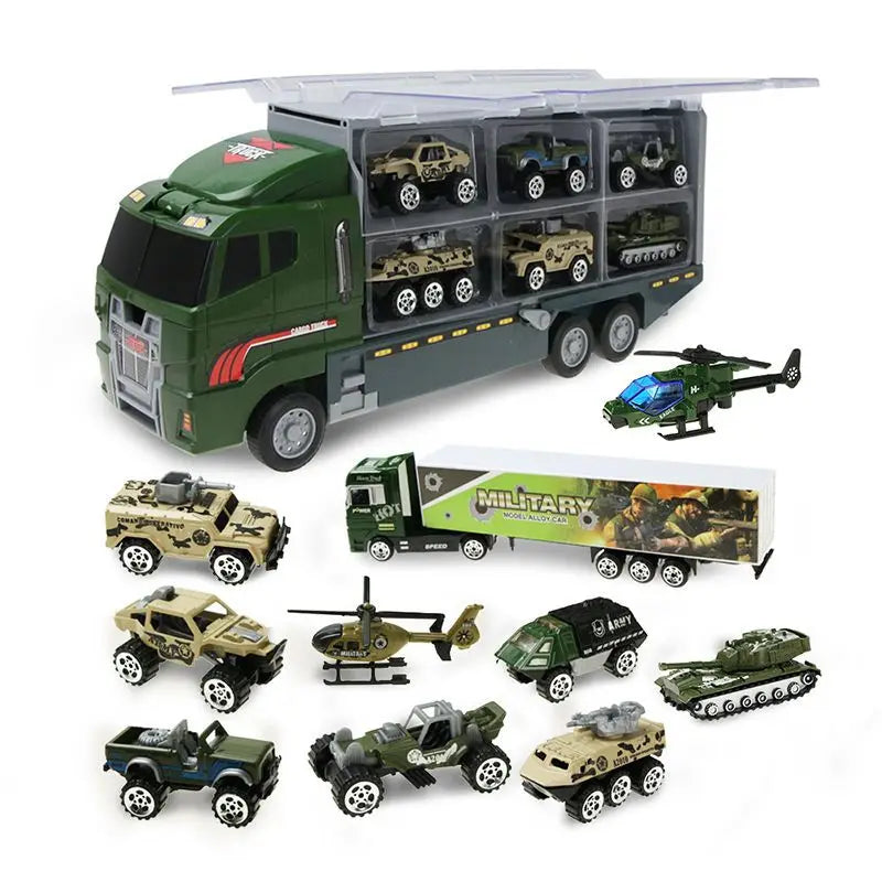 Conjunto de caminhões grandes, mini carros de brinquedo fundidos em liga metálica, veículos de transporte, caminhão, helicóptero, tanque, caminhão de bombeiros, engenharia, brinquedos para crianças