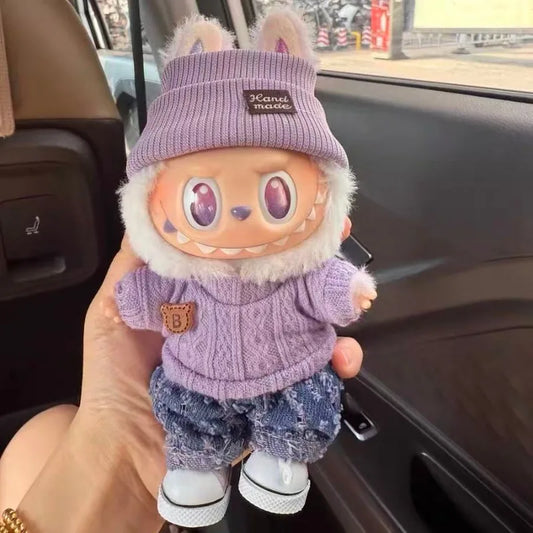 Para acessórios de boneca Labubu de 15-17 cm, roupas, chapéu de urso, conjunto de suéter de amor, decoração fofa, roupinhas de brinquedo colecionáveis