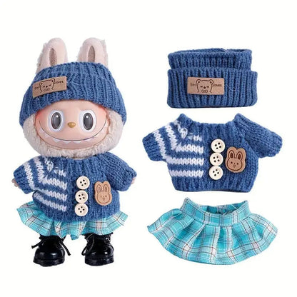 Para acessórios de boneca Labubu de 15-17 cm, roupas, chapéu de urso, conjunto de suéter de amor, decoração fofa, roupinhas de brinquedo colecionáveis