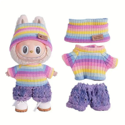 Para acessórios de boneca Labubu de 15-17 cm, roupas, chapéu de urso, conjunto de suéter de amor, decoração fofa, roupinhas de brinquedo colecionáveis