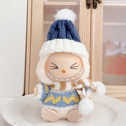 Para Labubu Clothes 17cm Boneca Natal Suéter Chapéu Conjunto V1 V2 V3 Boneca de Pelúcia Macaron Inverno Roupas de Ano Novo DIY Presente de Natal