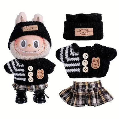 Para acessórios de boneca Labubu de 15-17 cm, roupas, chapéu de urso, conjunto de suéter de amor, decoração fofa, roupinhas de brinquedo colecionáveis