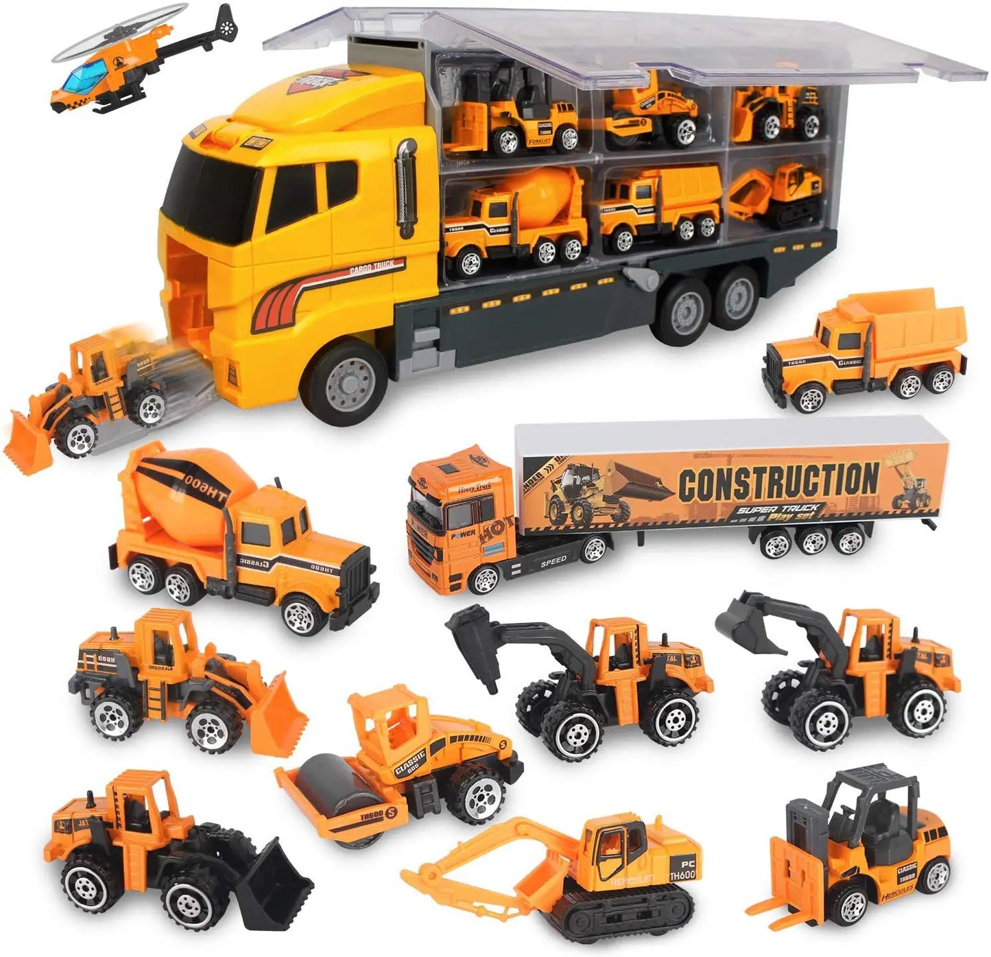 Conjunto de caminhões grandes, mini carros de brinquedo fundidos em liga metálica, veículos de transporte, caminhão, helicóptero, tanque, caminhão de bombeiros, engenharia, brinquedos para crianças