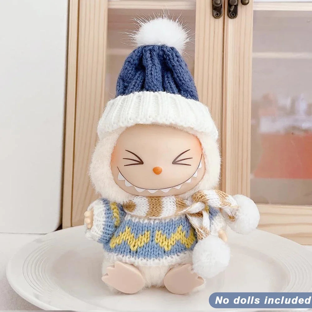 Para Labubu Clothes 17cm Boneca Natal Suéter Chapéu Conjunto V1 V2 V3 Boneca de Pelúcia Macaron Inverno Roupas de Ano Novo DIY Presente de Natal