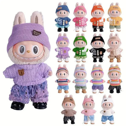 Para acessórios de boneca Labubu de 15-17 cm, roupas, chapéu de urso, conjunto de suéter de amor, decoração fofa, roupinhas de brinquedo colecionáveis