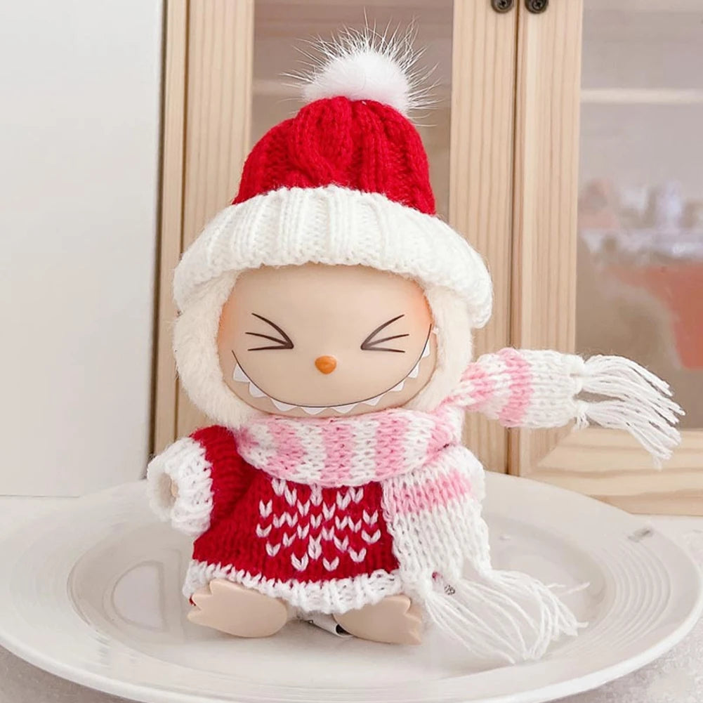 Para Labubu Clothes 17cm Boneca Natal Suéter Chapéu Conjunto V1 V2 V3 Boneca de Pelúcia Macaron Inverno Roupas de Ano Novo DIY Presente de Natal