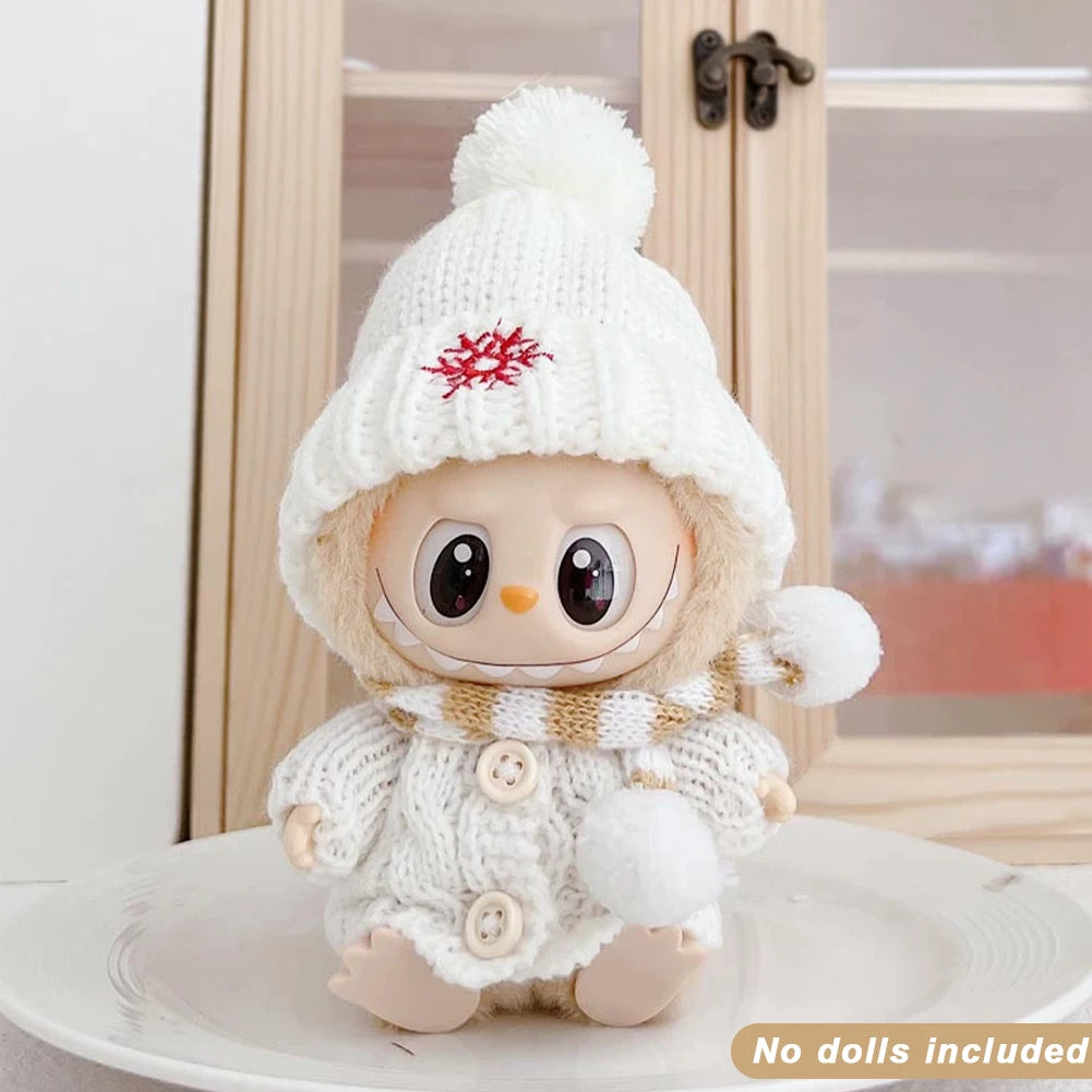 Para Labubu Clothes 17cm Boneca Natal Suéter Chapéu Conjunto V1 V2 V3 Boneca de Pelúcia Macaron Inverno Roupas de Ano Novo DIY Presente de Natal