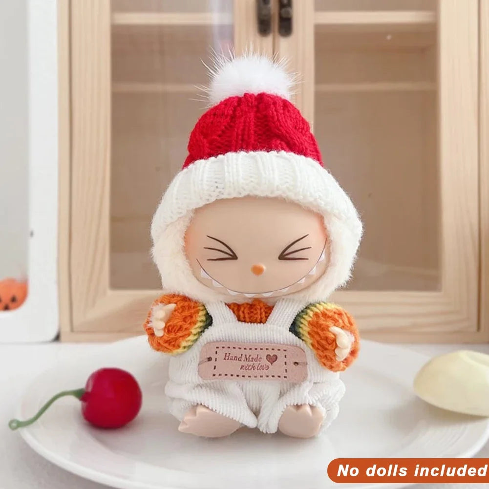 Para Labubu Clothes 17cm Boneca Natal Suéter Chapéu Conjunto V1 V2 V3 Boneca de Pelúcia Macaron Inverno Roupas de Ano Novo DIY Presente de Natal