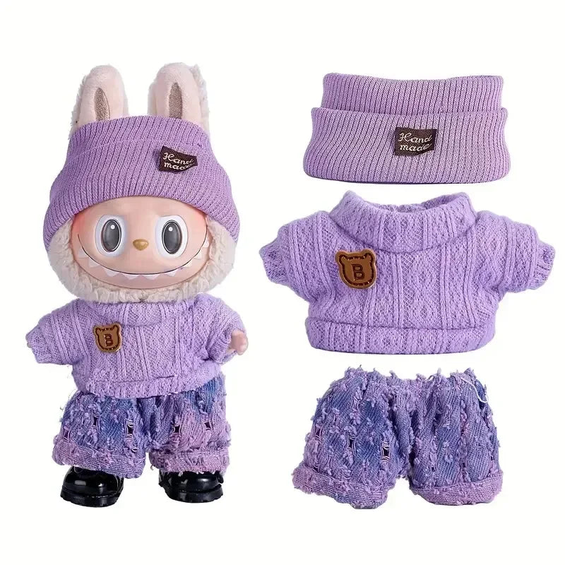 Para acessórios de boneca Labubu de 15-17 cm, roupas, chapéu de urso, conjunto de suéter de amor, decoração fofa, roupinhas de brinquedo colecionáveis