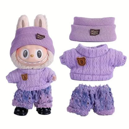 Para acessórios de boneca Labubu de 15-17 cm, roupas, chapéu de urso, conjunto de suéter de amor, decoração fofa, roupinhas de brinquedo colecionáveis