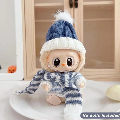 Para Labubu Clothes 17cm Boneca Natal Suéter Chapéu Conjunto V1 V2 V3 Boneca de Pelúcia Macaron Inverno Roupas de Ano Novo DIY Presente de Natal