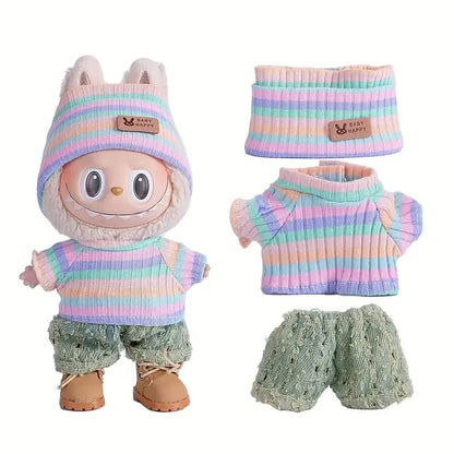 Para acessórios de boneca Labubu de 15-17 cm, roupas, chapéu de urso, conjunto de suéter de amor, decoração fofa, roupinhas de brinquedo colecionáveis