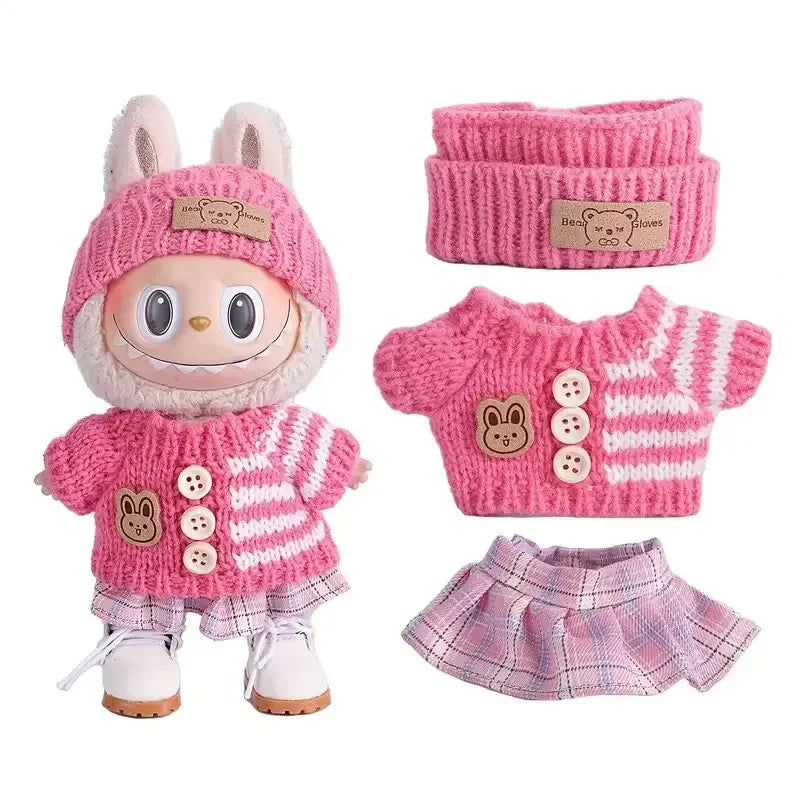 Para acessórios de boneca Labubu de 15-17 cm, roupas, chapéu de urso, conjunto de suéter de amor, decoração fofa, roupinhas de brinquedo colecionáveis