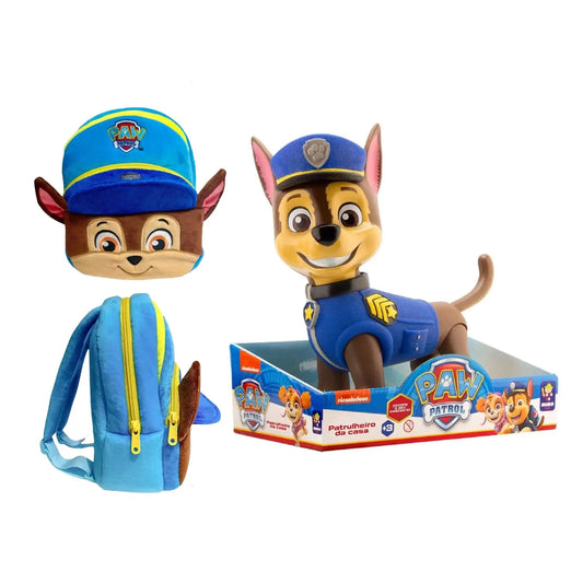 COMBO Boneco Gigante Chase + Mochila Infantil 45cm Patrulha Canina Candide Mimo Toys