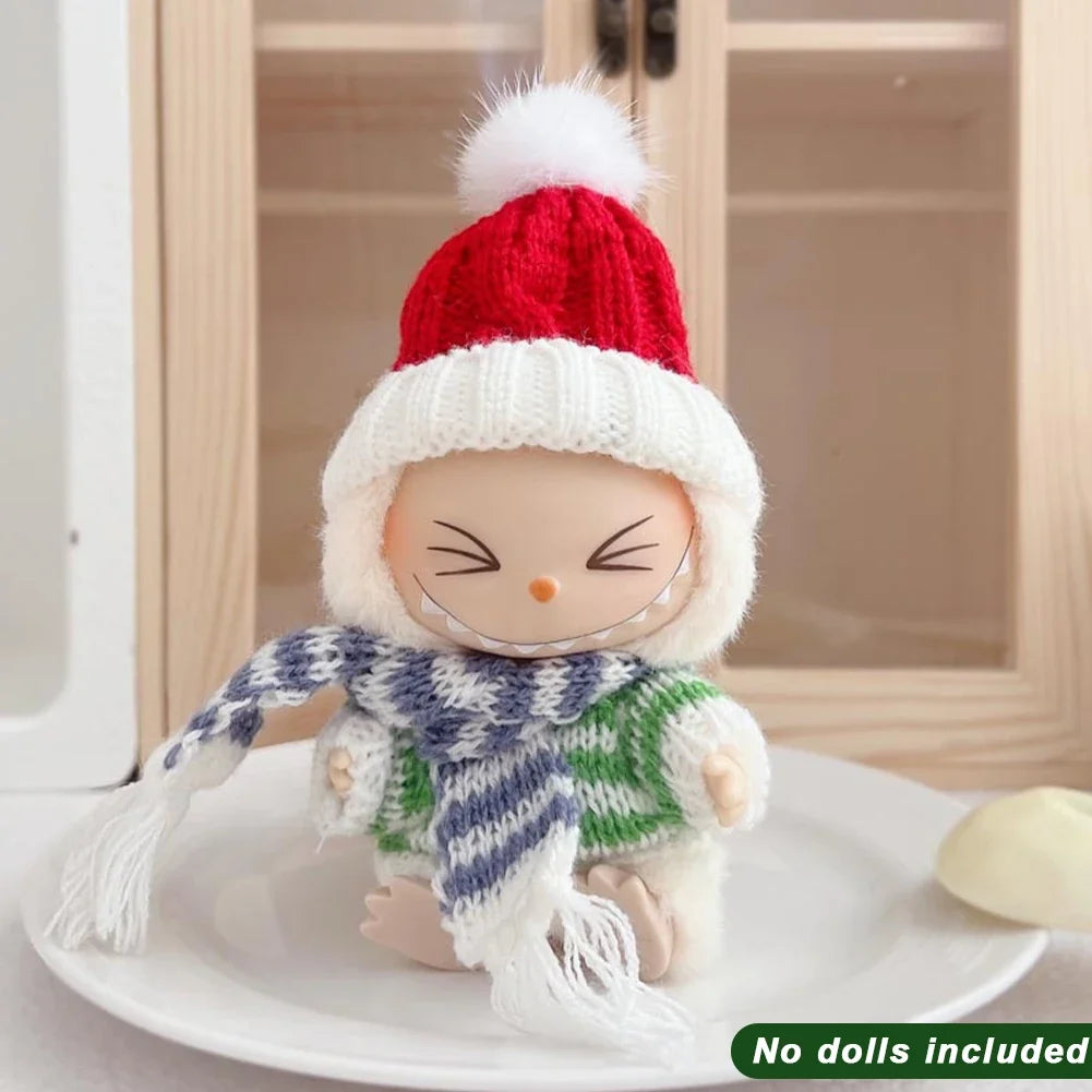 Para Labubu Clothes 17cm Boneca Natal Suéter Chapéu Conjunto V1 V2 V3 Boneca de Pelúcia Macaron Inverno Roupas de Ano Novo DIY Presente de Natal