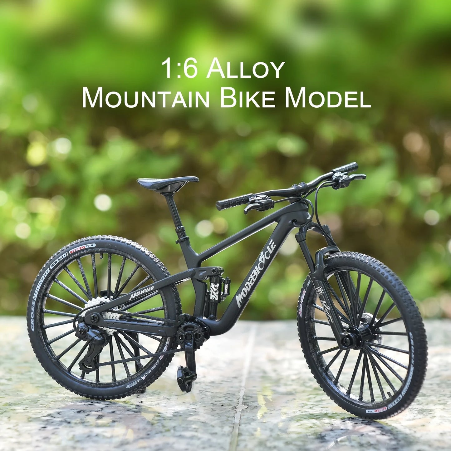 Bicicleta de montanha em liga metálica em escala 1:6, brinquedo realista com amortecedores dianteiros e traseiros para entusiastas de bicicletas