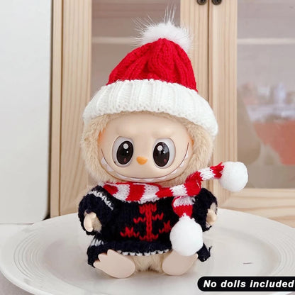 Para Labubu Clothes 17cm Boneca Natal Suéter Chapéu Conjunto V1 V2 V3 Boneca de Pelúcia Macaron Inverno Roupas de Ano Novo DIY Presente de Natal