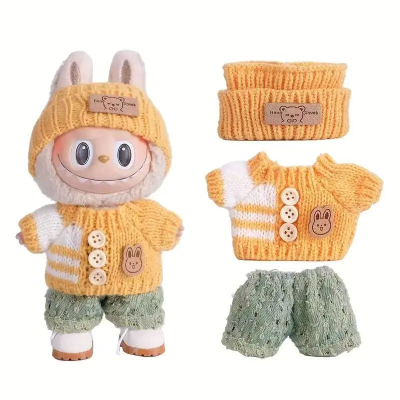 Para acessórios de boneca Labubu de 15-17 cm, roupas, chapéu de urso, conjunto de suéter de amor, decoração fofa, roupinhas de brinquedo colecionáveis