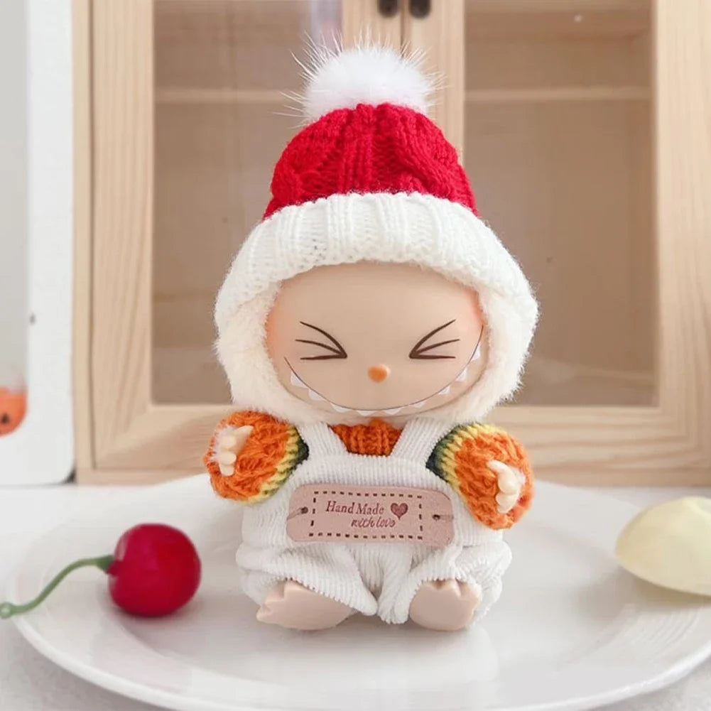 Para Labubu Clothes 17cm Boneca Natal Suéter Chapéu Conjunto V1 V2 V3 Boneca de Pelúcia Macaron Inverno Roupas de Ano Novo DIY Presente de Natal