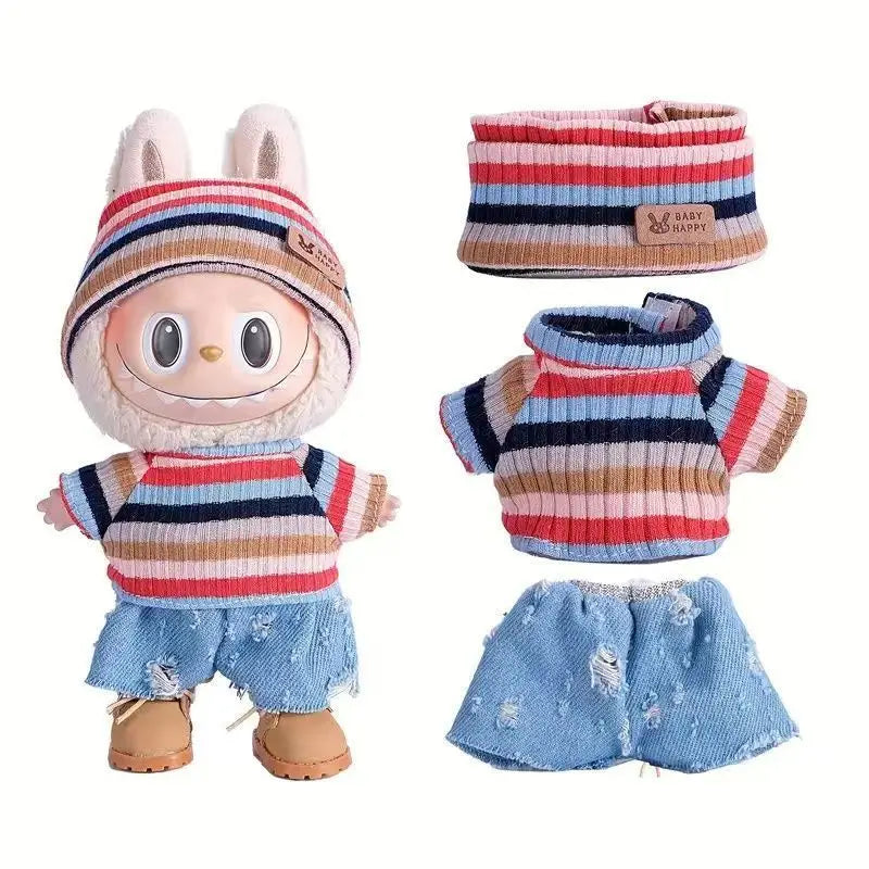 Para acessórios de boneca Labubu de 15-17 cm, roupas, chapéu de urso, conjunto de suéter de amor, decoração fofa, roupinhas de brinquedo colecionáveis