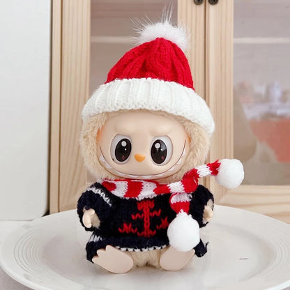 Para Labubu Clothes 17cm Boneca Natal Suéter Chapéu Conjunto V1 V2 V3 Boneca de Pelúcia Macaron Inverno Roupas de Ano Novo DIY Presente de Natal