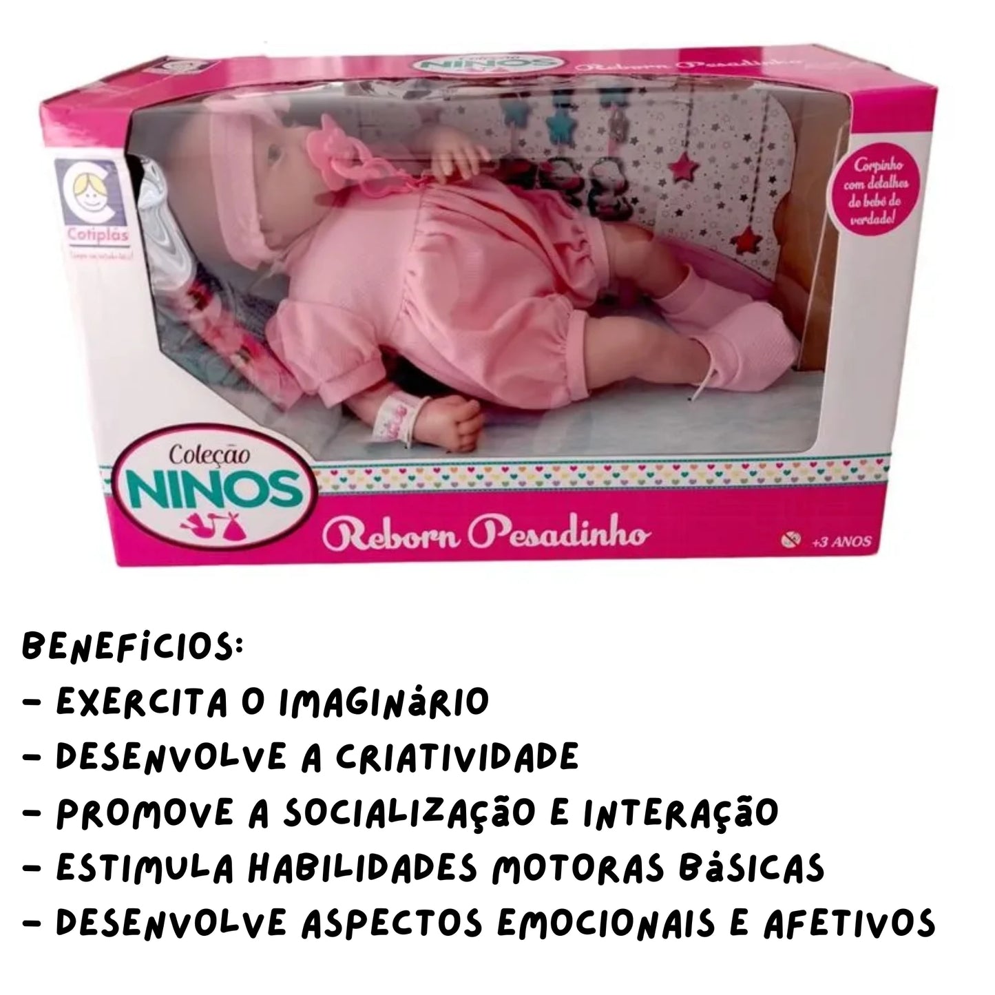 Boneca Coleção Ninos Reborn Pesadinho Menina para Crianças a Partir de 3 Anos Cotiplás - 2180