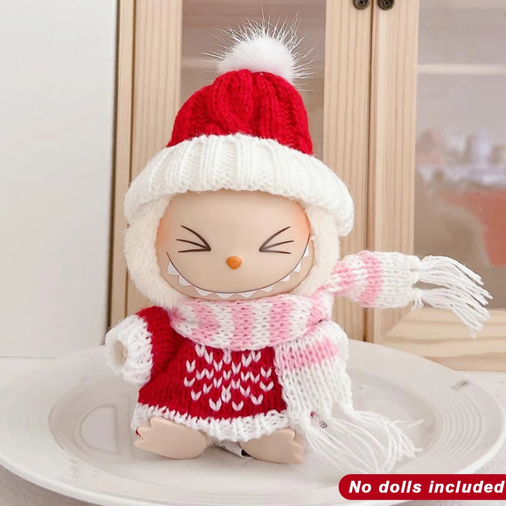 Para Labubu Clothes 17cm Boneca Natal Suéter Chapéu Conjunto V1 V2 V3 Boneca de Pelúcia Macaron Inverno Roupas de Ano Novo DIY Presente de Natal