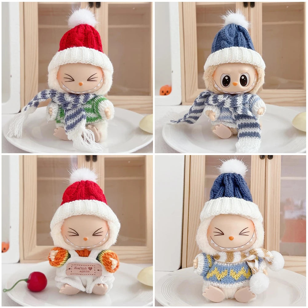 Para Labubu Clothes 17cm Boneca Natal Suéter Chapéu Conjunto V1 V2 V3 Boneca de Pelúcia Macaron Inverno Roupas de Ano Novo DIY Presente de Natal