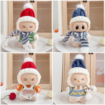 Para Labubu Clothes 17cm Boneca Natal Suéter Chapéu Conjunto V1 V2 V3 Boneca de Pelúcia Macaron Inverno Roupas de Ano Novo DIY Presente de Natal
