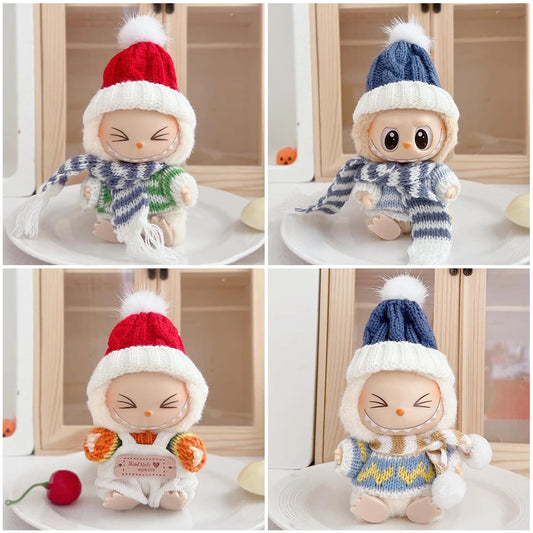 Para Labubu Clothes 17cm Boneca Natal Suéter Chapéu Conjunto V1 V2 V3 Boneca de Pelúcia Macaron Inverno Roupas de Ano Novo DIY Presente de Natal