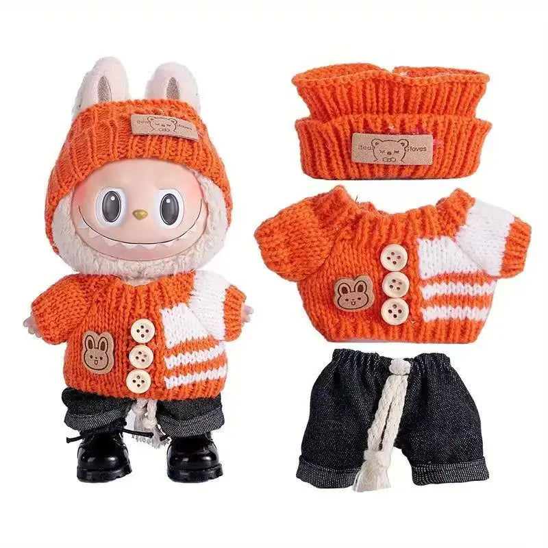Para acessórios de boneca Labubu de 15-17 cm, roupas, chapéu de urso, conjunto de suéter de amor, decoração fofa, roupinhas de brinquedo colecionáveis