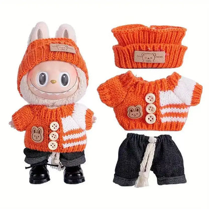 Para acessórios de boneca Labubu de 15-17 cm, roupas, chapéu de urso, conjunto de suéter de amor, decoração fofa, roupinhas de brinquedo colecionáveis
