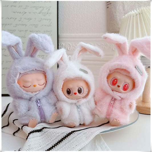 Winter Bunny Set for 17cm Labubu Clothes 1st-3rd Gen Floppy Rabbit Ear Hat Plush Jacket for Vinyl Doll Cottage Core