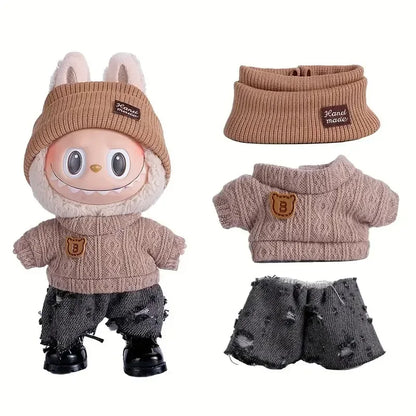 Para acessórios de boneca Labubu de 15-17 cm, roupas, chapéu de urso, conjunto de suéter de amor, decoração fofa, roupinhas de brinquedo colecionáveis