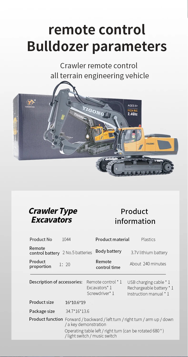 Escavadeira RC 1:20 Caminhão de controle remoto 2.4G RC Crawler Veículo de engenharia Caminhão de controle remoto Presentes de Natal para o dia das crianças