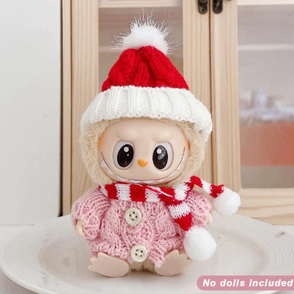 Para Labubu Clothes 17cm Boneca Natal Suéter Chapéu Conjunto V1 V2 V3 Boneca de Pelúcia Macaron Inverno Roupas de Ano Novo DIY Presente de Natal