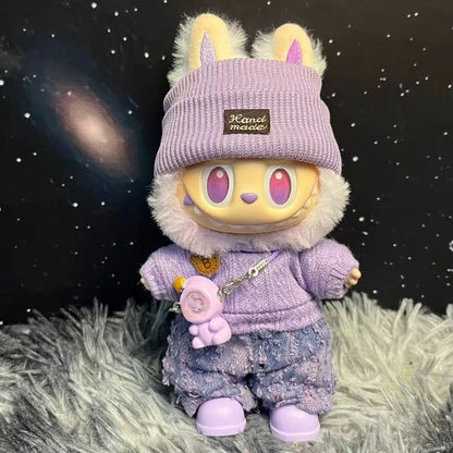 Para acessórios de boneca Labubu de 15-17 cm, roupas, chapéu de urso, conjunto de suéter de amor, decoração fofa, roupinhas de brinquedo colecionáveis