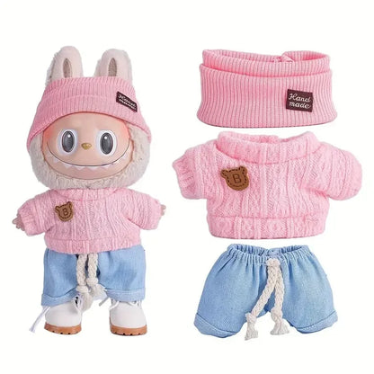 Para acessórios de boneca Labubu de 15-17 cm, roupas, chapéu de urso, conjunto de suéter de amor, decoração fofa, roupinhas de brinquedo colecionáveis