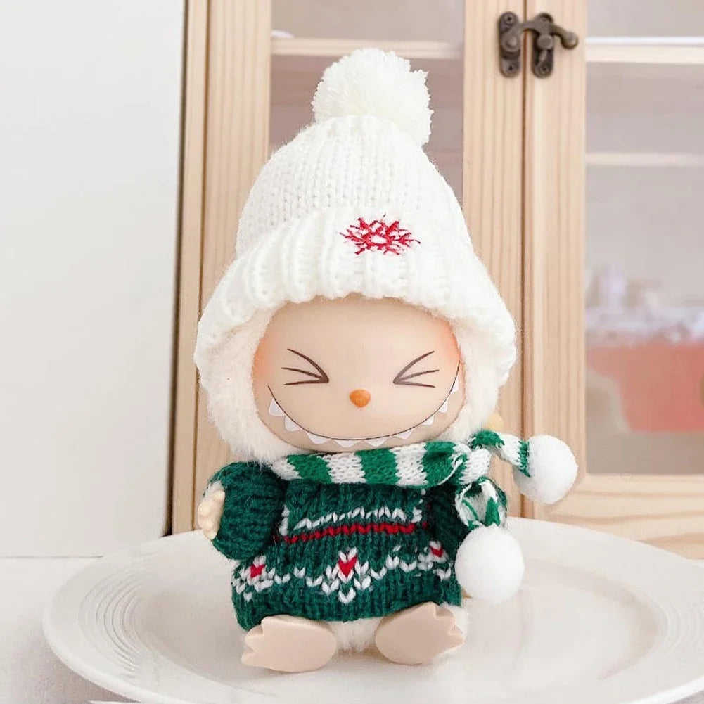 Para Labubu Clothes 17cm Boneca Natal Suéter Chapéu Conjunto V1 V2 V3 Boneca de Pelúcia Macaron Inverno Roupas de Ano Novo DIY Presente de Natal