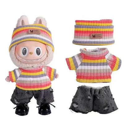 Para acessórios de boneca Labubu de 15-17 cm, roupas, chapéu de urso, conjunto de suéter de amor, decoração fofa, roupinhas de brinquedo colecionáveis