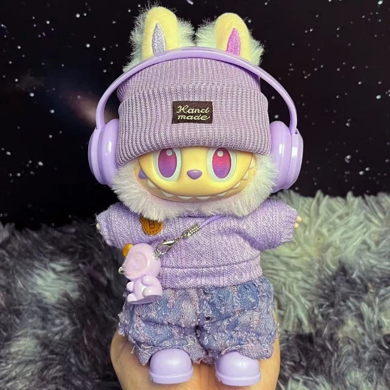 Para acessórios de boneca Labubu de 15-17 cm, roupas, chapéu de urso, conjunto de suéter de amor, decoração fofa, roupinhas de brinquedo colecionáveis